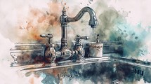 Dual-handle kitchen faucet, classic design, water flow, atmospheric tones, detailed linework, atmospheric watercolor background Generative AI