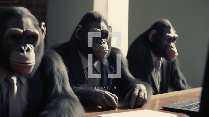 AI Generated Image. Monkeys wearing formal business suits and sitting at the office desk during conference meeting