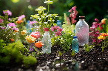 AI generative images. Gardening crafts made of used repurposed plastic bottles. Upcycling concept