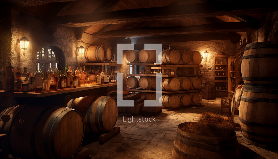 Room filled with oak barrels and wine bottles.