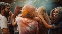 AI Generated Image. Happy people with powder paint on faces having fun at the outdoors Holi Festival
