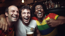 AI Generated Image. Three happy soccer fans man screaming in a sport bar