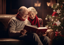 AI generative images. Senior couple at home sitting on a sofa and reading a book next to the Christmas tree