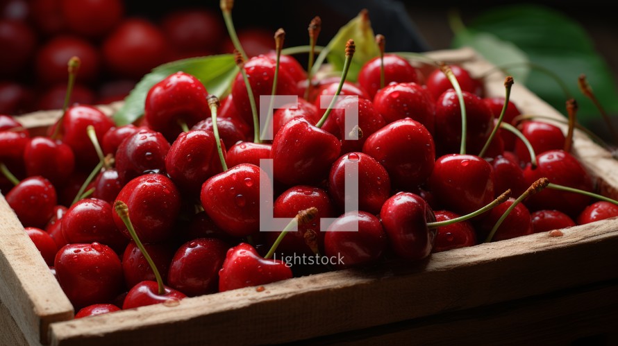 Box filled with sweet, ripe red cherries, close-up realistic photo Generative AI
