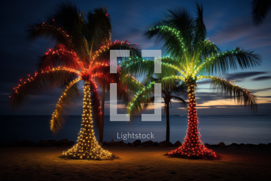 AI Generated Image. Night with Christmas decorated palm trees next to the ocean at the resort