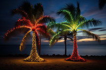 AI Generated Image. Night with Christmas decorated palm trees next to the ocean at the resort