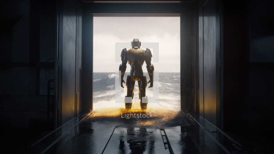 AI Generated Image. Back rear view on the metal robotic robot standing in the open door next to the ocean