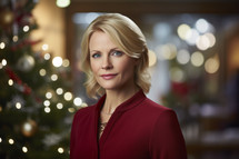 AI generated image. Portrait of the serene middle-aged businesswoman at the office with Christmas tree