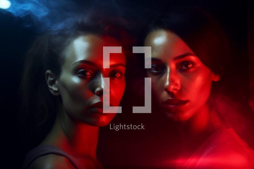 AI generated image. Young beautiful brunette sisters in the night city with smoke in blue and red neon light