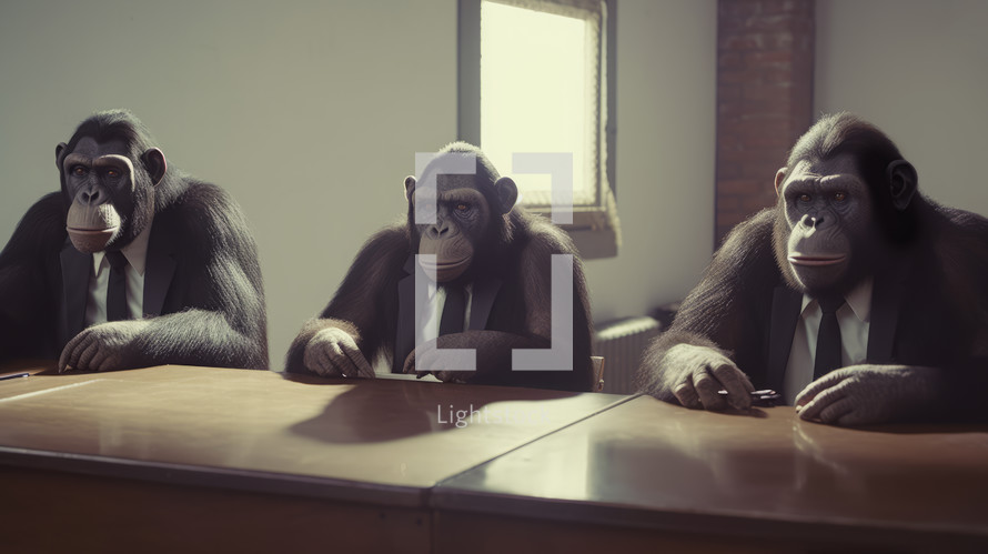 AI Generated Image. Monkeys wearing formal business suits and sitting at the office desk during conference meeting