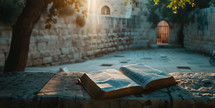 Bible open overlooking the garden tomb, Jerusalem 