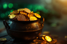 AI Generated Image. Saint Patrick's day banner with pot full of golden coins in a forest