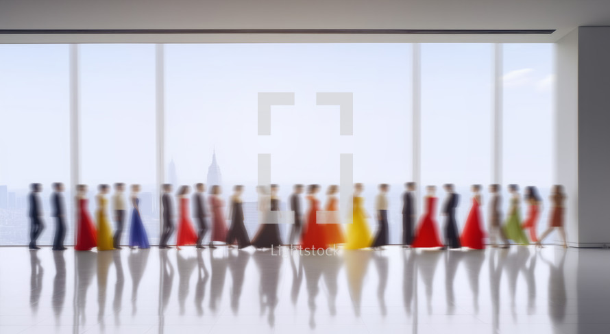 AI generated image. Defocused image of the fashionable people wearing colorful dresses and suits next to the window of the bright loft interior