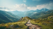 A winding mountain trail leading to a breathtaking overlook, offering panoramic views of valleys and peaks. Generative AI