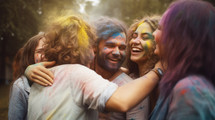 AI Generated Image. Happy people with powder paint on faces having fun at the outdoors Holi Festival