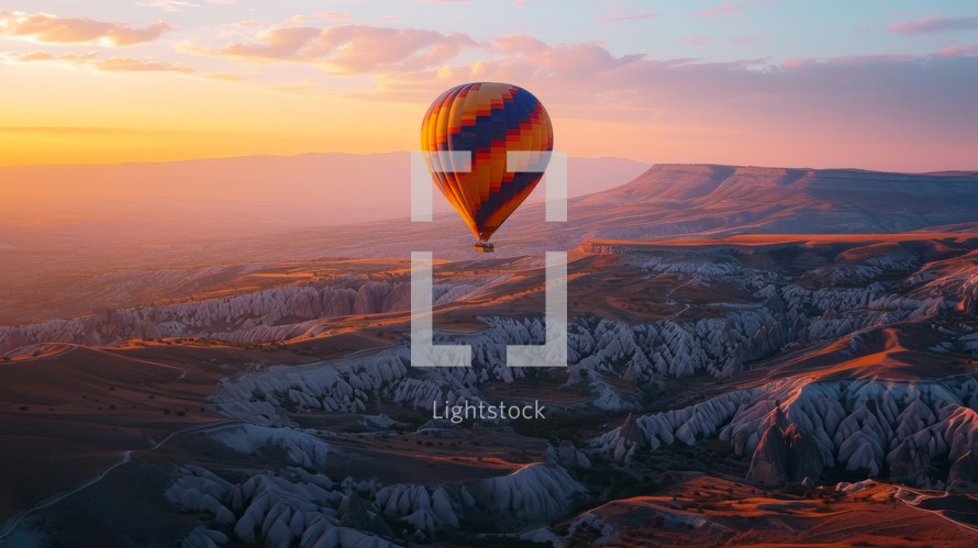 Turkish mountain range bathed in the soft light of the setting sun, a colorful hot air balloon drifting peacefully, enhancing the tranquil beauty of the scenery Generative AI