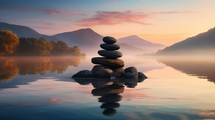 Ultra-realistic image showcasing a pyramid of stones nestled against a backdrop of serene water, majestic mountains, and nature's beauty. Incorporate elements of mindfulness, yoga, meditation, healthy eating, and self-care amidst the tranquil scenery Generative AI