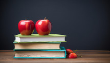 Composition of school books stacked neatly, with a vibrant red apple on top