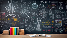 A chalkboard filled with formulas representing the education