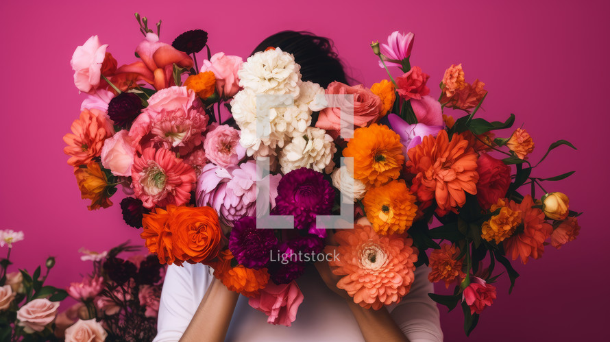 AI generated image. Anonymous person hiding behind the colorful fresh flowers on a red background