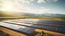 A panoramic view of a solar array in an agricultural setting, showcasing the coexistence of energy generation and farming. Generative AI