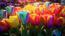 Generative AI Tulip flowerbed artfully designed to resemble a rainbow, a burst of vivid hues.
