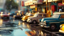  rental car pickup area, cars, customers, signage, urban backdrop, detailed surroundings, photorealistic depiction Generative AI