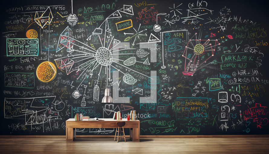 A chalkboard filled with formulas representing the education. Back to school