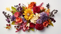 An artistically arranged bouquet featuring a variety of blooms in rich hues, set against a pristine white surface, perfect for adding personalized text or logos Generative AI