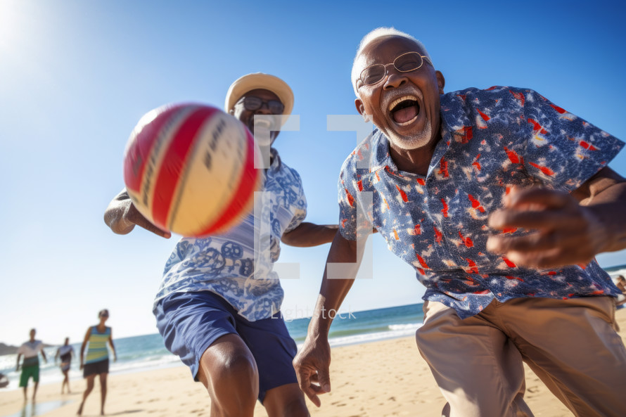 AI generated image. Excited senior African American friends in colorful clothes having fun at the beach and playing with ball