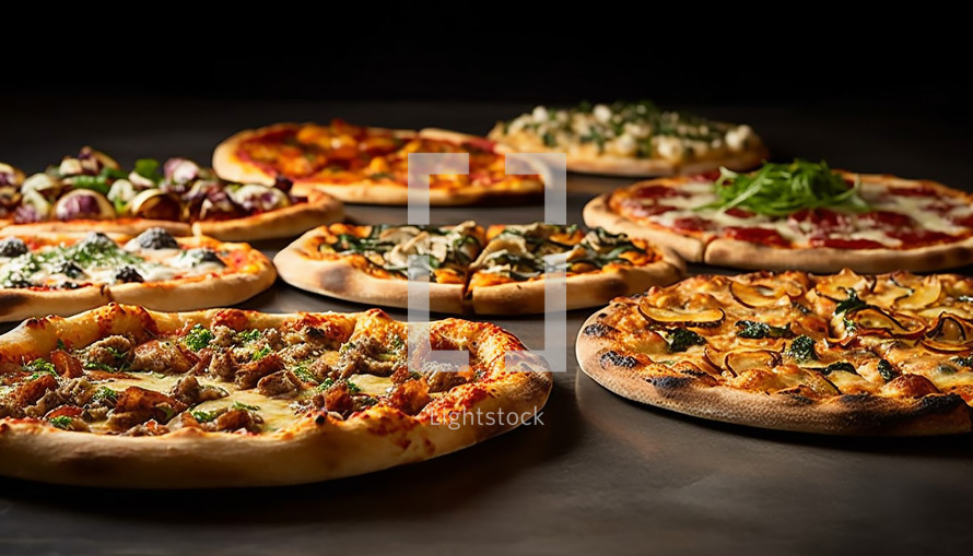 Pizza in different flavors on the black table