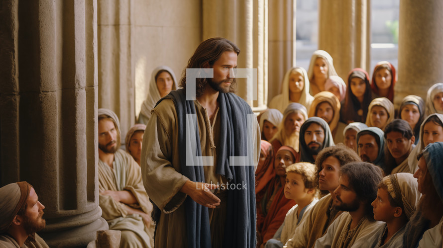 Jesus preaching the Word of God to the crowd in the temple