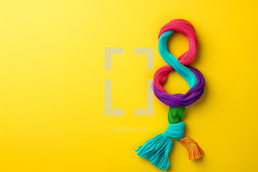 AI Generated Image. Number 8 made of colorful ropes on a yellow background with empty space. Women’s Day concept