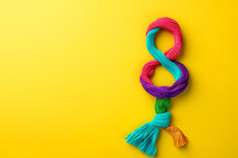 AI Generated Image. Number 8 made of colorful ropes on a yellow background with empty space. Women’s Day concept
