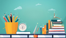 Back to school illustration of books, pencils, and other school related elements. Copy space