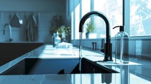 Detailed view of a voice-activated smart faucet, motion sensor, adjustable water flow, high-tech elements, clean and modern illustration Generative AI