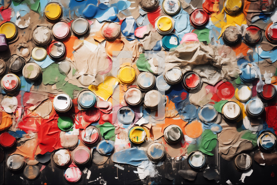 AI Image. A close-up view of a wall decorated with upcycled materials. This artistic approach promotes sustainability by transforming discarded materials into unique and eye-catching art