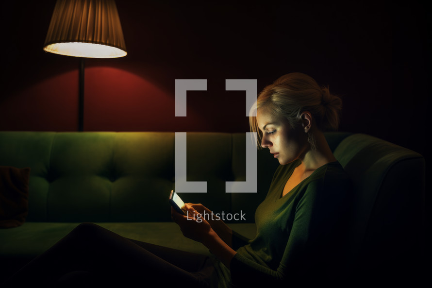 AI generated image. Blond woman using smartphone and relaxing on a sofa in the dark cozy interior with wall lamp