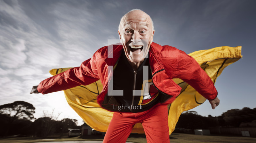 AI Generated Image. Happy and playful senior elderly man playing as super hero character