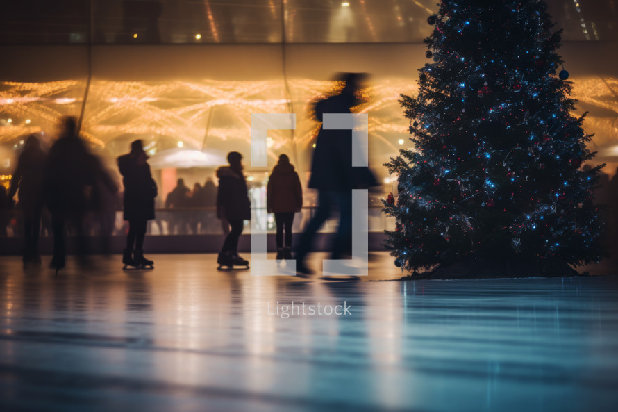 AI Generated Image. Unrecognizable people at the Christmas decorated ice skating rink in the night city