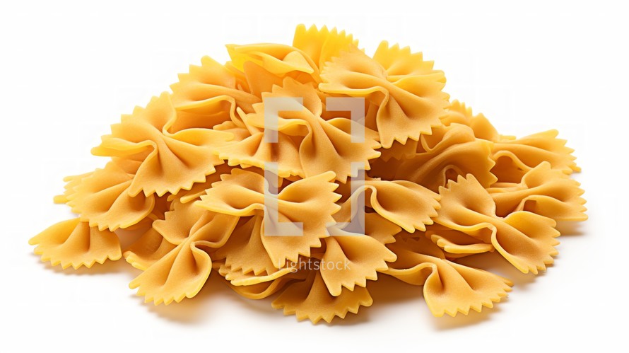 A mound of farfalle pasta captured in a close-up realistic photo against a white background Generative AI