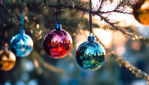 Christmas ornaments hanging from a tree brach 