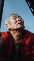 AI Generated Image. Healthy Asian Senior elderly man wearing sportive clothing and climbing upward