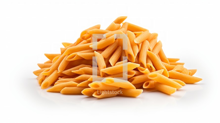 A heap of penne pasta captured in a close-up realistic photo against a white background Generative AI