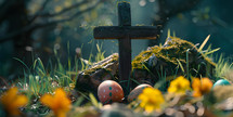 Cross with Easter Eggs in a field of flowers