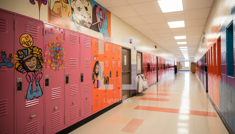 school hallway filled with lockers decorated with student artwork, backpacks hanging on hooks