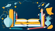Back to school illustration of books, pencils, and other school related elements. Copy space