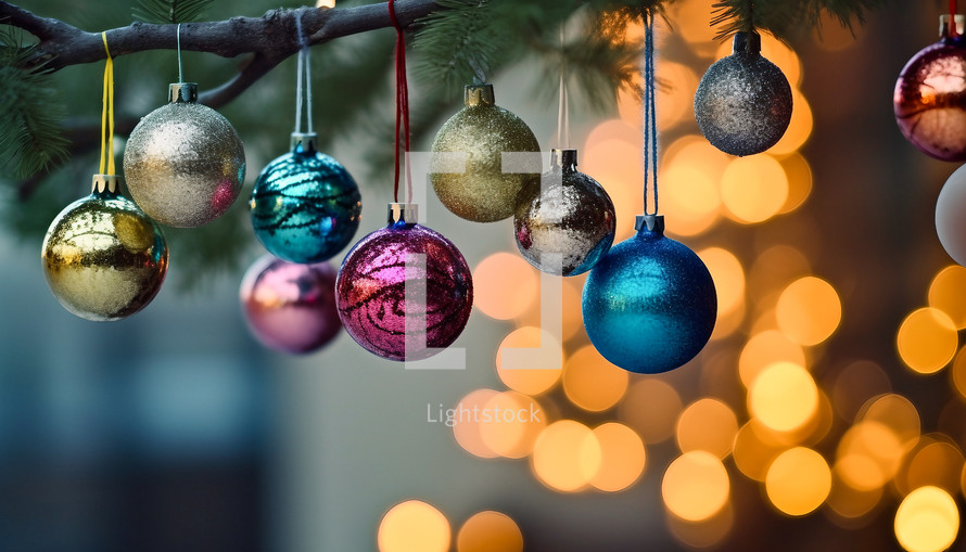 Colorful Christmas ornaments hanging from a tree brach 