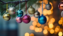 Colorful Christmas ornaments hanging from a tree brach 
