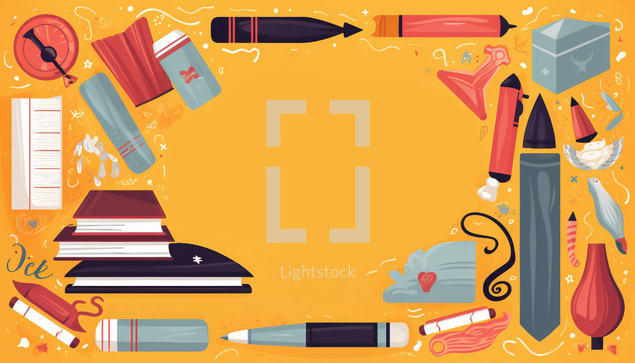 Back to school illustration of books, pencils, and other school related elements. 